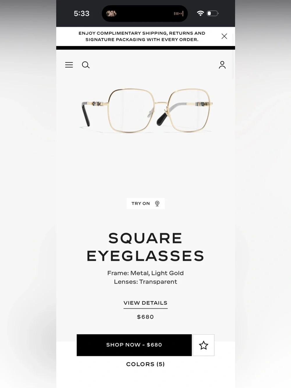 CHANEL Gold Frame Glasses with Black Temple Tips